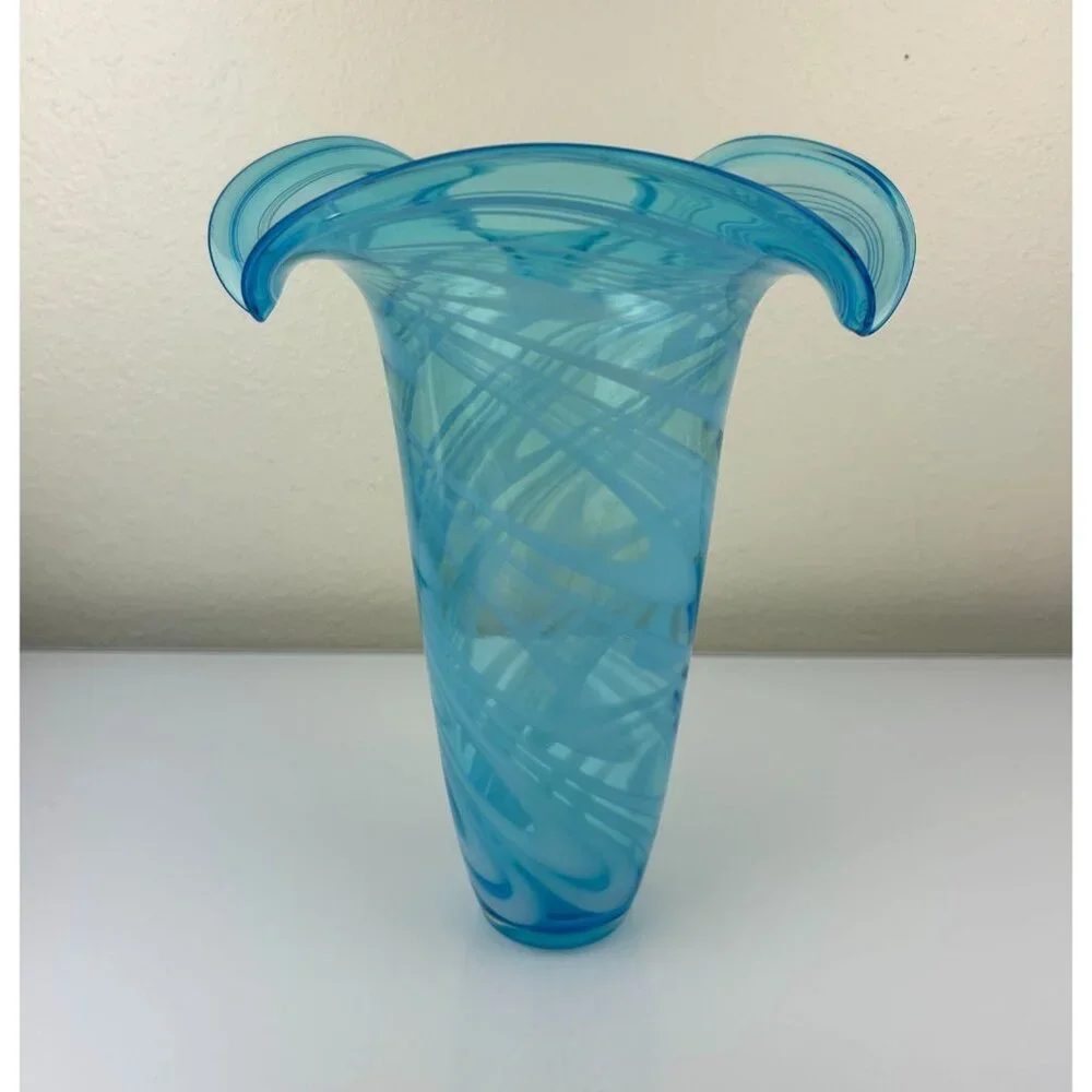 Blown Glass Art Fluted Aqua Blue & White Swirled Vase Home Decor 11.25